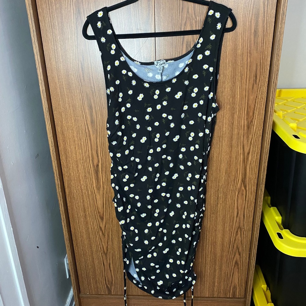 J for Justify Dress Women 3X Black Daisy Floral Ruched Sleeveless Bodycon Ribbed